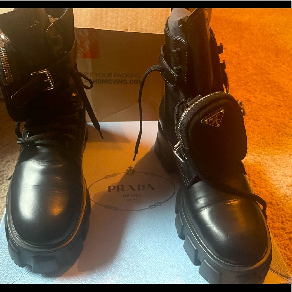 Prada Black Leather Combat Moto Boots with Removable Pouch
